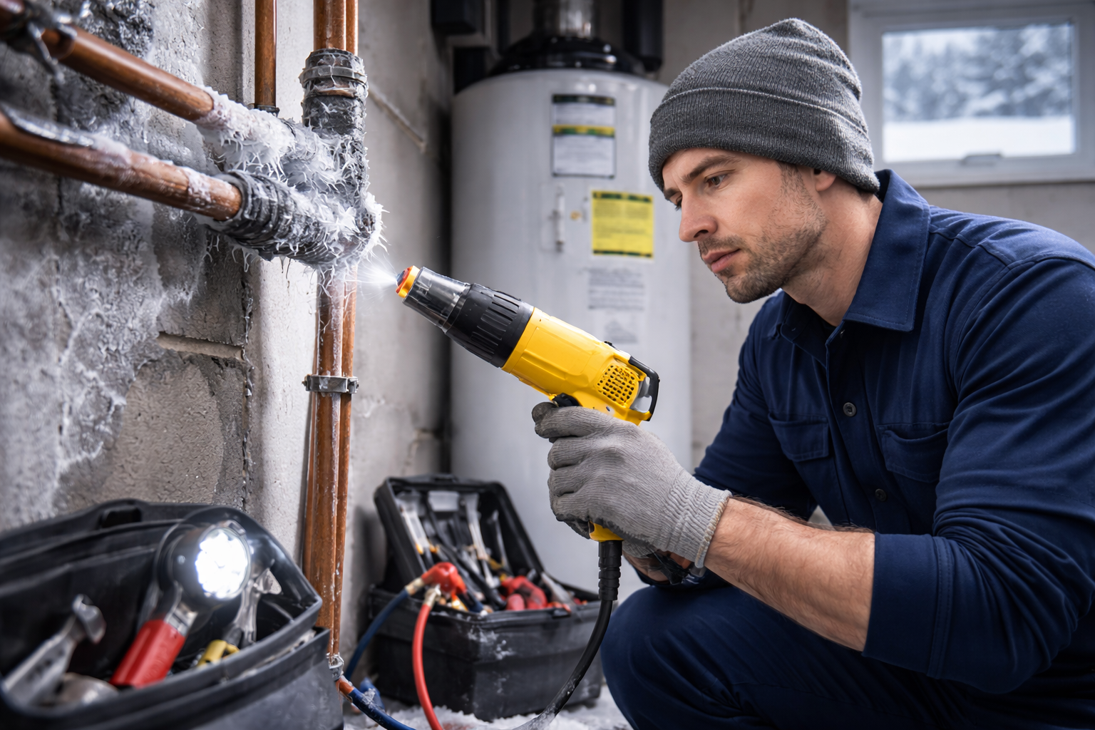 Technician repairing frozen plumbing pipe during winter emergency plumbing service in Vandalia OH