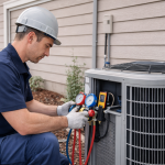 Top Energy-Saving Tips for Heating and Cooling Near Vandalia, OH HVAC technician performing preventive maintenance on residential air conditioning unit outside home to improve energy efficiency