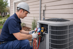 HVAC technician performing preventive maintenance on residential air conditioning unit outside home to improve energy efficiency