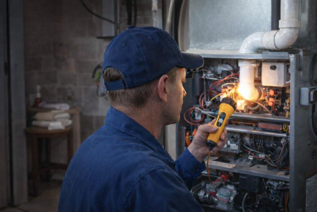 HVAC technician inspecting residential furnace system in basement near Miamisburg OH