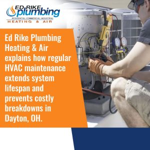 How Professional HVAC Maintenance Can Extend the Life of Your System 3 HVAC technician servicing outdoor heating and cooling unit to extend system lifespan in Dayton OH