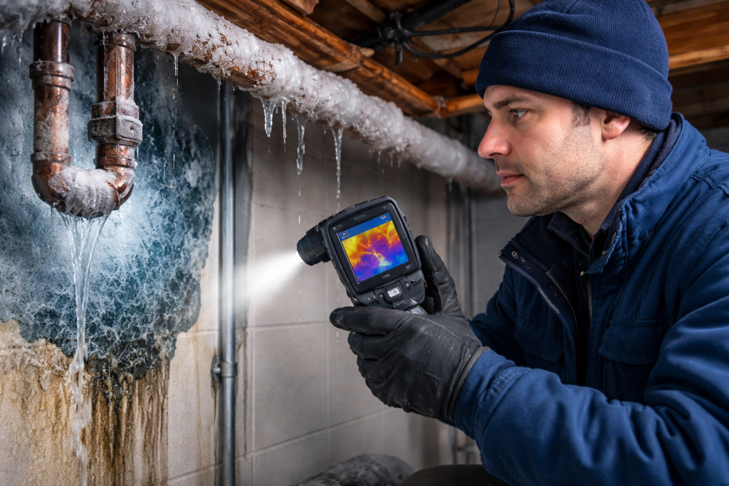 Plumber using thermal camera to detect frozen pipe leak during winter in basement
