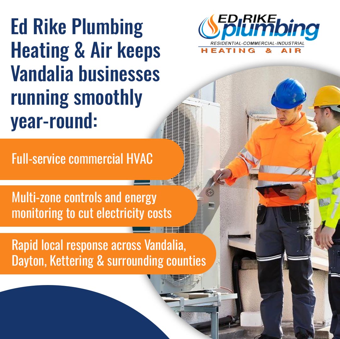 Commercial HVAC Contractors Near Vandalia, OH: Upgrade Your Business Comfort 2 Commercial HVAC technicians inspecting outdoor unit for businesses in Vandalia Dayton Kettering Ohio