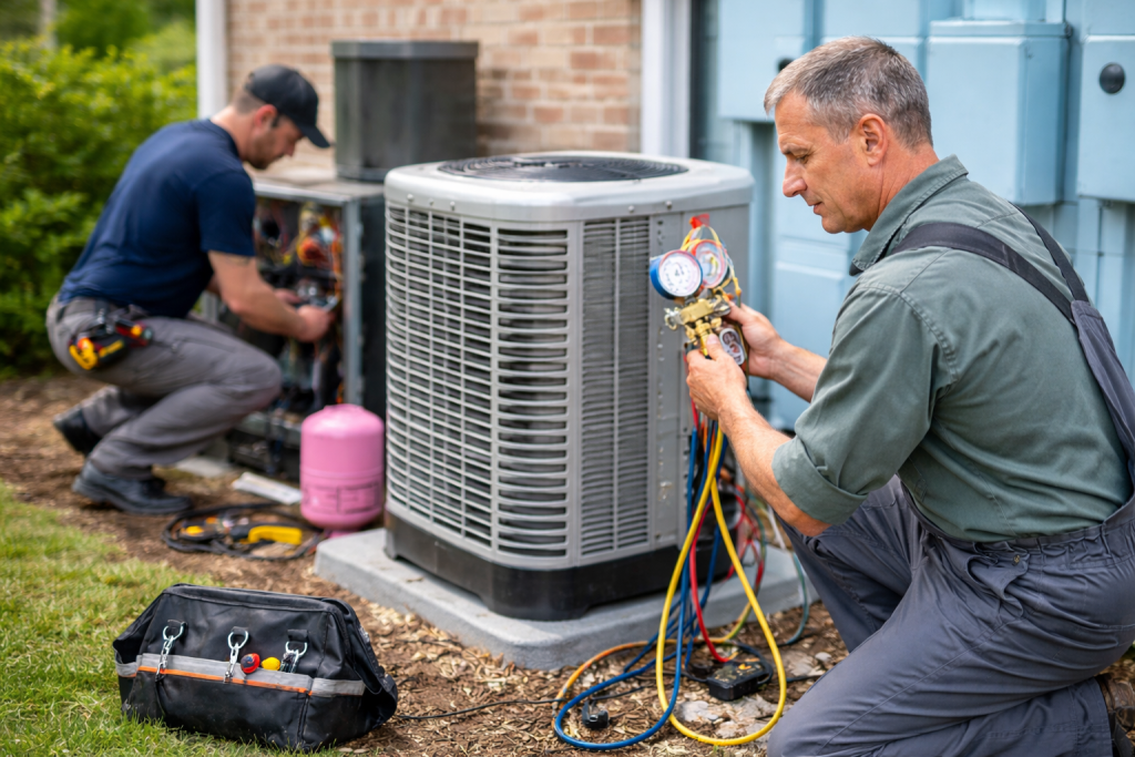 HVAC technicians performing air conditioning repair and refrigerant check on outdoor unit for residential system efficiency