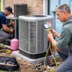 What Separates Professional HVAC Contractors from General Repair Services HVAC technicians performing air conditioning repair and refrigerant check on outdoor unit for residential system efficiency
