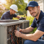 Your Trusted HVAC Company in Lewisburg, OH: Spring System Maintenance Guide HVAC technicians performing spring air conditioner maintenance and system inspection at a residential home in Lewisburg, Ohio.