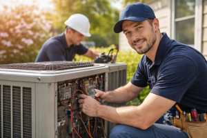 HVAC technicians performing spring air conditioner maintenance and system inspection at a residential home in Lewisburg, Ohio.