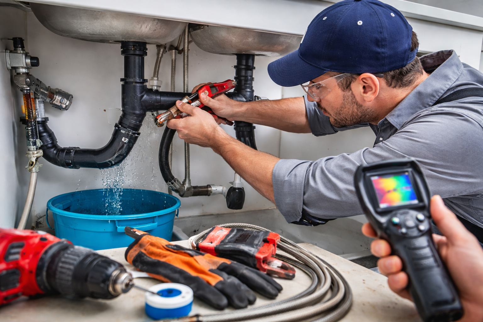 Plumber repairing leaking pipe under sink using tools and thermal camera for same-day emergency plumbing repair in Miamisburg OH