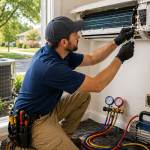 Why Timely Air Conditioning Installation Near Vandalia, OH, Matters for Summer Comfort HVAC technician installing air conditioning unit with tools and gauges in Vandalia OH home