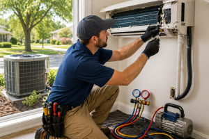 HVAC technician installing air conditioning unit with tools and gauges in Vandalia OH home