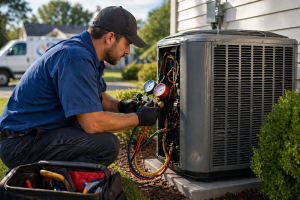 HVAC technician repairing outdoor air conditioning unit using gauges at residential home in Vandalia OH