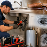 The Most Common Plumbing Issues Solved by Plumbing Repair Services in Miamisburg, OH Professional plumber repairing under-sink pipes in a residential kitchen with common plumbing issues including leaking pipes, clogged drains, sewer backup, and water heater problems in Miamisburg, OH.