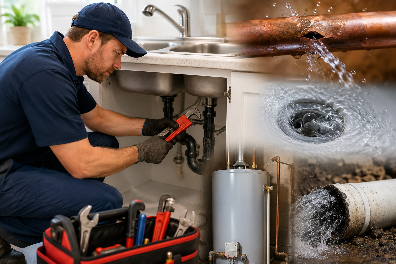 The Most Common Plumbing Issues Solved by Plumbing Repair Services in Miamisburg, OH 1 Professional plumber repairing under-sink pipes in a residential kitchen with common plumbing issues including leaking pipes, clogged drains, sewer backup, and water heater problems in Miamisburg, OH.