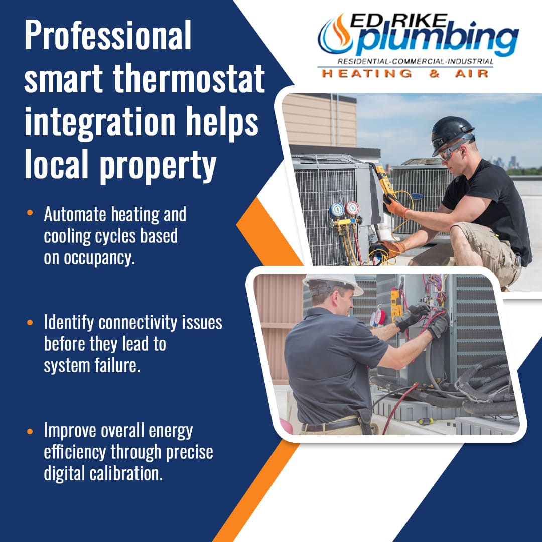 Smart Thermostats: Modern Heating & Cooling in Vandalia, OH 2 An HVAC technician with Ed Rike Plumbing Heating & Air works on an outdoor AC unit to integrate a smart thermostat for automatic temperature adjustments and seasonal calibration.