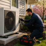 Heat Pump Installation Near Vandalia, OH: Stay Cozy and Save on Energy Bills HVAC technician installing and servicing a residential heat pump system outside a home near Vandalia, Ohio during spring weather