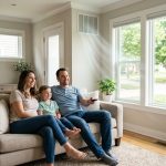 How Indoor Air Quality Improves with Expert HVAC Services in Dayton, OH | HVAC Maintenance Guide A happy family sitting on a sofa in a bright Dayton, Ohio living room, enjoying clean indoor air flowing from a well-maintained HVAC wall vent.
