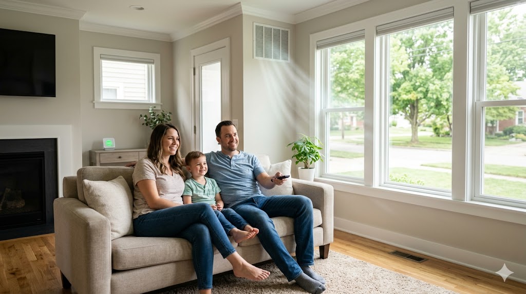 How Indoor Air Quality Improves with Expert HVAC Services in Dayton, OH | HVAC Maintenance Guide 7 A happy family sitting on a sofa in a bright Dayton, Ohio living room, enjoying clean indoor air flowing from a well-maintained HVAC wall vent.