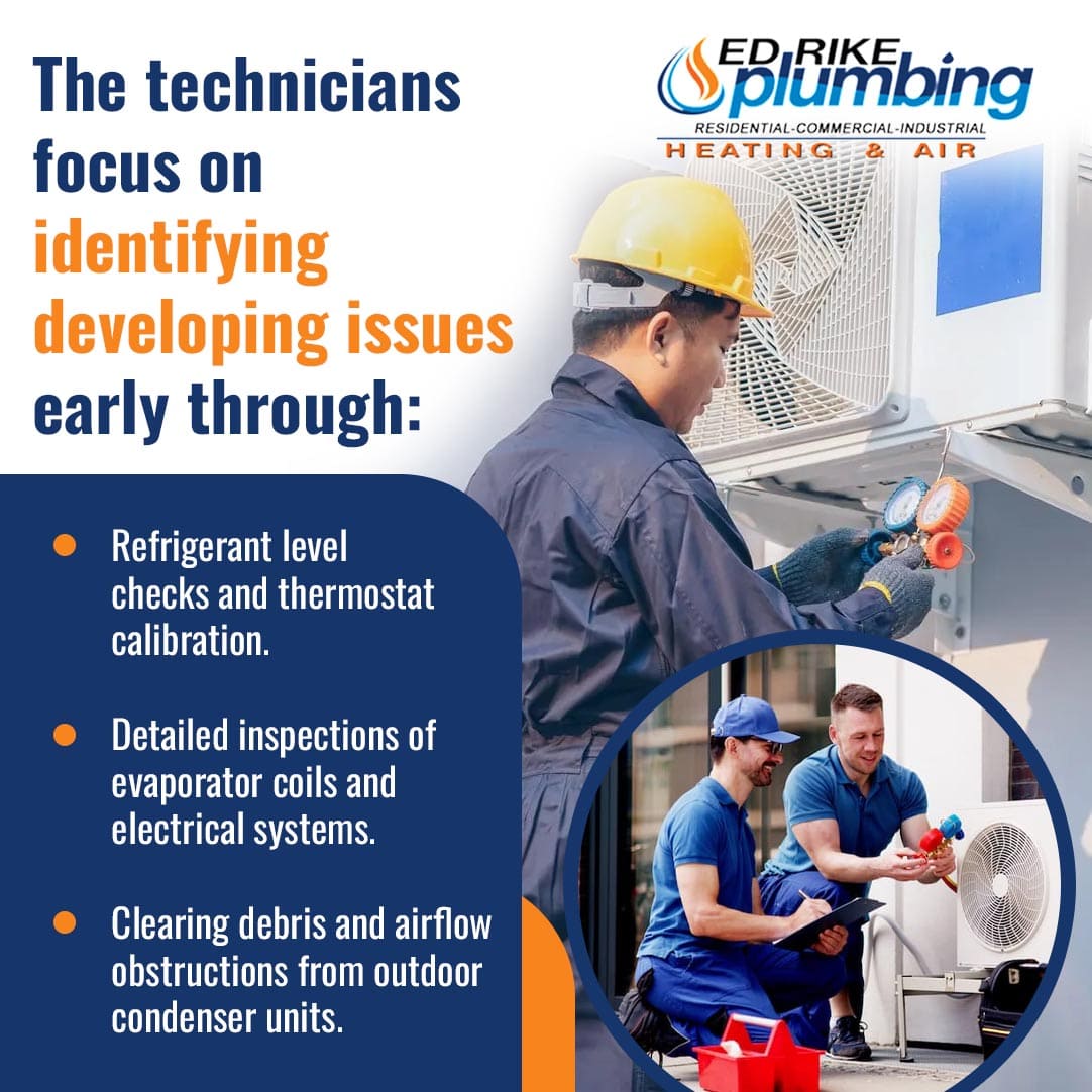 Beat the Heat: Air Conditioning Repair Near Miamisburg, OH 2 Ed Rike Heating & Air technicians performing comprehensive AC maintenance, including checking refrigerant levels and inspecting outdoor condenser units.
