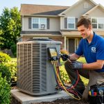 Beat the Heat: Air Conditioning Repair Near Miamisburg, OH An expert specialist from Ed Rike Plumbing, Heating, & Air, wearing a distinctive 'ER' logo shirt, kneeling in a suburban yard while checking multi-meter diagnostics and refrigerant pressure on a large central air condenser.