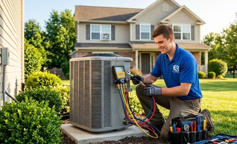 An expert specialist from Ed Rike Plumbing, Heating, & Air, wearing a distinctive 'ER' logo shirt, kneeling in a suburban yard while checking multi-meter diagnostics and refrigerant pressure on a large central air condenser.