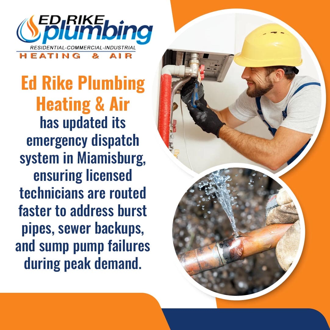 Top Benefits of Hiring Licensed Emergency Plumbers Near Miamisburg, OH 3 Ed Rike Plumbing Heating & Air technician repairing a water heater alongside a burst pipe, highlighting emergency plumbing dispatch services in Miamisburg.