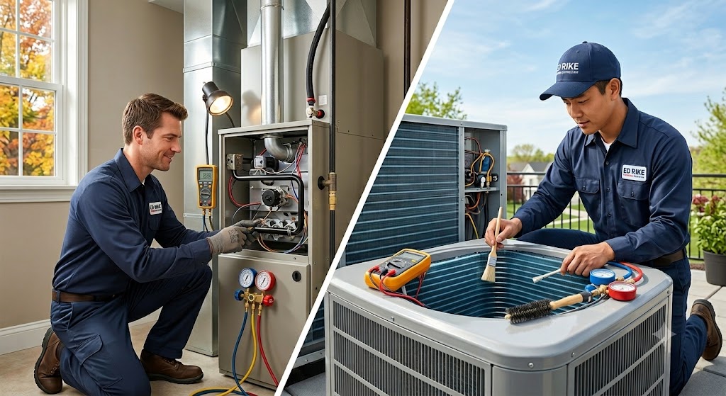 Professional HVAC technician performing a furnace tune-up and air conditioner coil cleaning for a home in Lewisburg, Ohio.