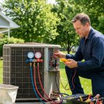 Stay Cool All Summer with Air Conditioning Repair Near You in Vandalia, OH An HVAC technician from Ed Rike Plumbing Heating & Air diagnoses a residential outdoor air conditioning condenser unit in Vandalia, OH, using manifold gauges and a multimeter. The technician is kneeling on the grass next to an open AC unit, preparing to restore cooling comfort.