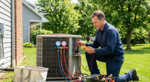 An HVAC technician from Ed Rike Plumbing Heating & Air diagnoses a residential outdoor air conditioning condenser unit in Vandalia, OH, using manifold gauges and a multimeter. The technician is kneeling on the grass next to an open AC unit, preparing to restore cooling comfort.