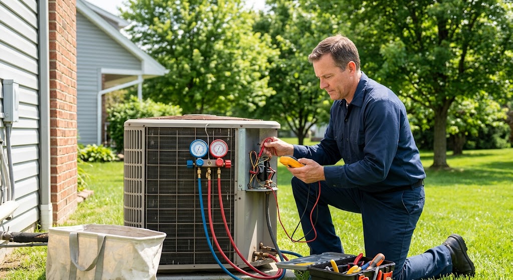 An HVAC technician from Ed Rike Plumbing Heating & Air diagnoses a residential outdoor air conditioning condenser unit in Vandalia, OH, using manifold gauges and a multimeter. The technician is kneeling on the grass next to an open AC unit, preparing to restore cooling comfort.