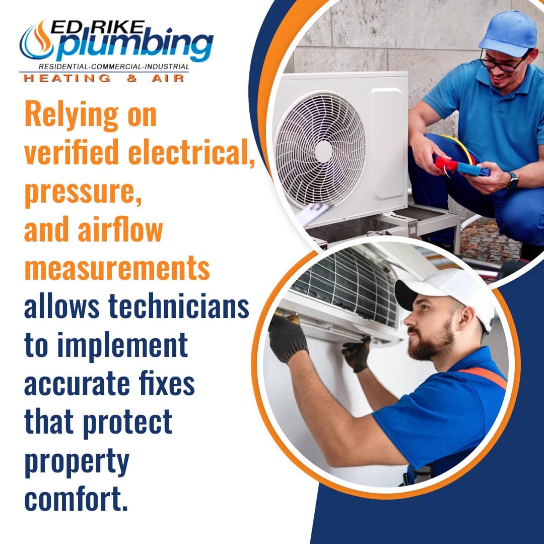 How HVAC Technicians Use Diagnostic Tools to Improve System Accuracy and Efficiency 3 Ed Rike Plumbing Heating & Air graphic highlighting how verified electrical, pressure, and airflow measurements lead to accurate HVAC fixes that protect property comfort, featuring technicians smiling while servicing indoor and outdoor air conditioning units.