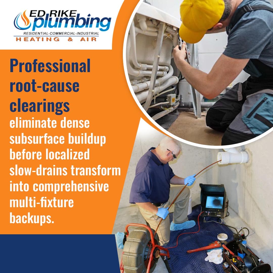 Garbage Disposal Overload in Summer: When Drain Cleaning Becomes Necessary 3 Ed Rike Plumbing Heating & Air promotional graphic explaining how professional root-cause drain clearings eliminate subsurface buildup to prevent multi-fixture backups, showing technicians performing pipe maintenance and a sewer camera inspection.