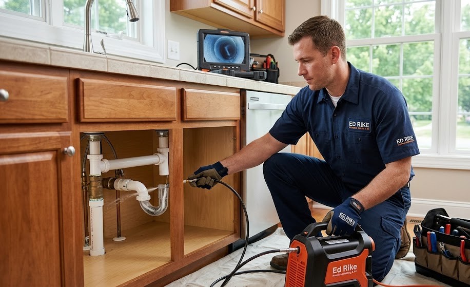 A professional plumber from Ed Rike Plumbing Heating & Air performing a sink drain inspection and cleaning in a residential kitchen in Lewisburg, Ohio.