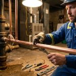 Top Benefits of Hiring Licensed Emergency Plumbers Near Miamisburg, OH A plumber in blue high-visibility coveralls, kneeling in a residential basement and tightening a new copper pipe with a wrench, while an older cast iron pipe manifold sprays a leak.
