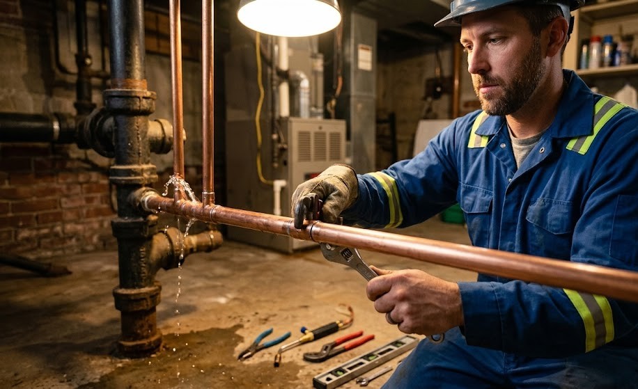 A plumber in blue high-visibility coveralls, kneeling in a residential basement and tightening a new copper pipe with a wrench, while an older cast iron pipe manifold sprays a leak.
