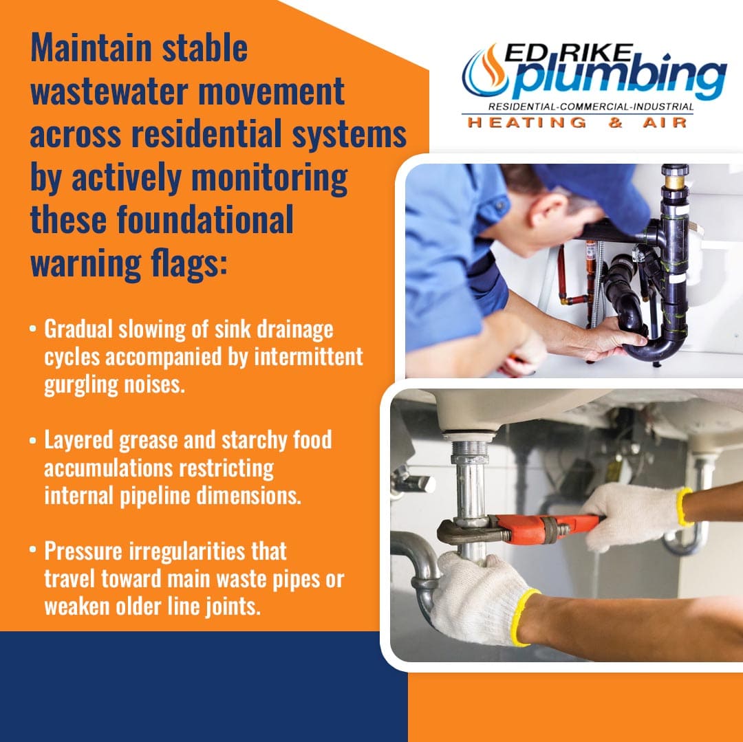 Garbage Disposal Overload in Summer: When Drain Cleaning Becomes Necessary 2 Ed Rike Plumbing Heating & Air detailing foundational warning signs for residential wastewater systems, including slow sink drainage, grease accumulation, and pressure irregularities, featuring images of plumbers actively repairing under-sink pipes.