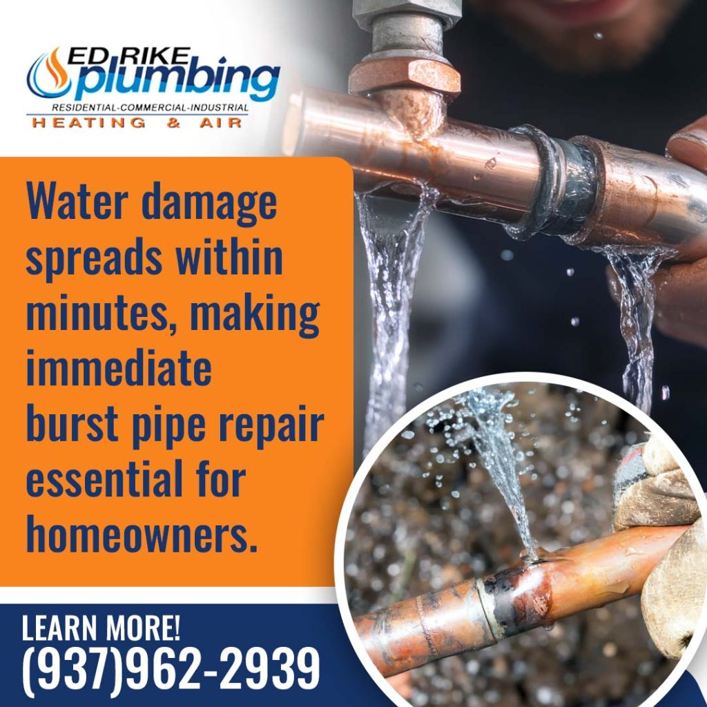 Water spraying and leaking from fractured copper plumbing pipes, with a circular inset highlighting a high-pressure pinhole pipe rupture.