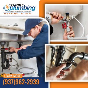 How Do You Find Emergency Plumbers Near Miamisburg, OH, Fast? 3 Plumber working on under-sink kitchen pipes with a pipe wrench, paired with insets showing valve installations and tightening a P-trap drain line.
