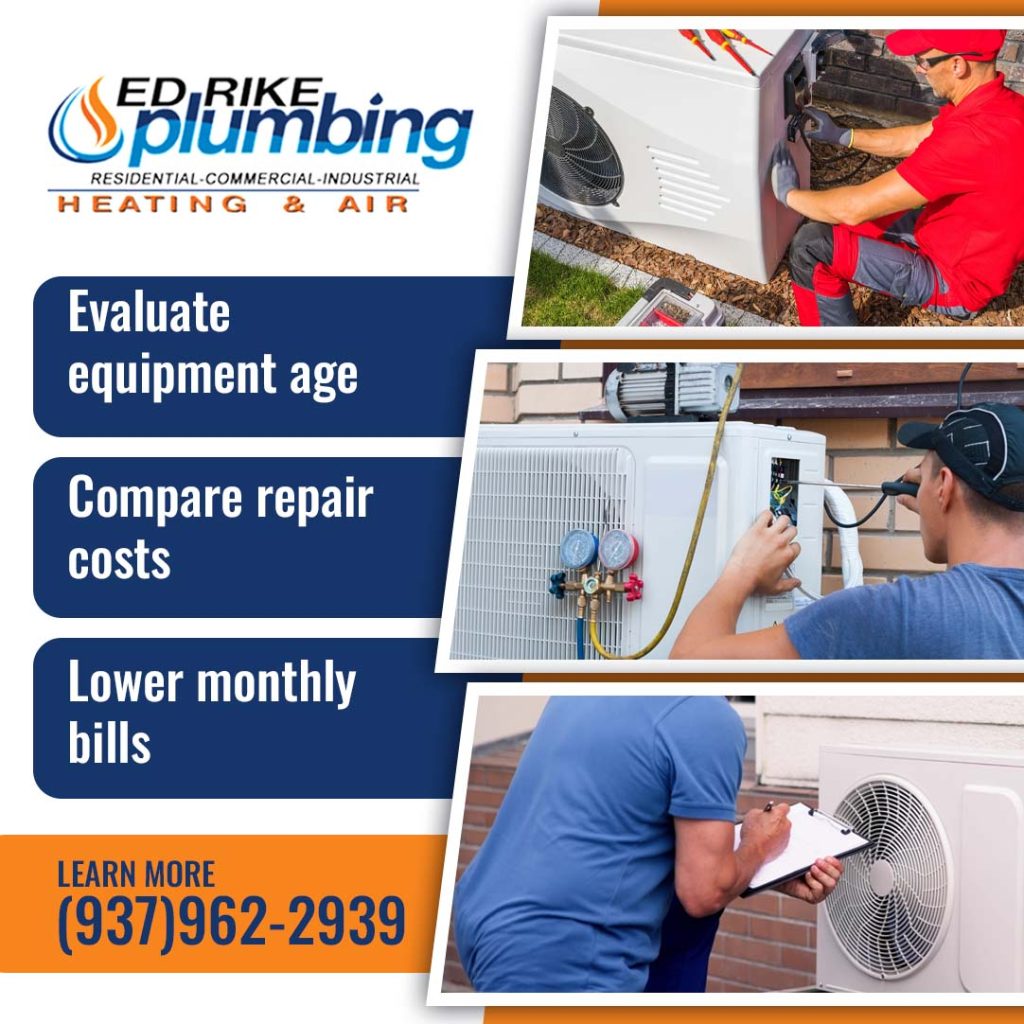 HVAC technicians servicing and inspecting outdoor heat pump units, paired with prompts to evaluate equipment age, compare repair costs, and lower monthly bills.
